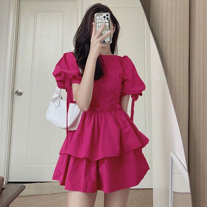 Korean chic summer foreign style age-reducing round neck ruffled high waist slimming tie puff sleeve dress short skirt female