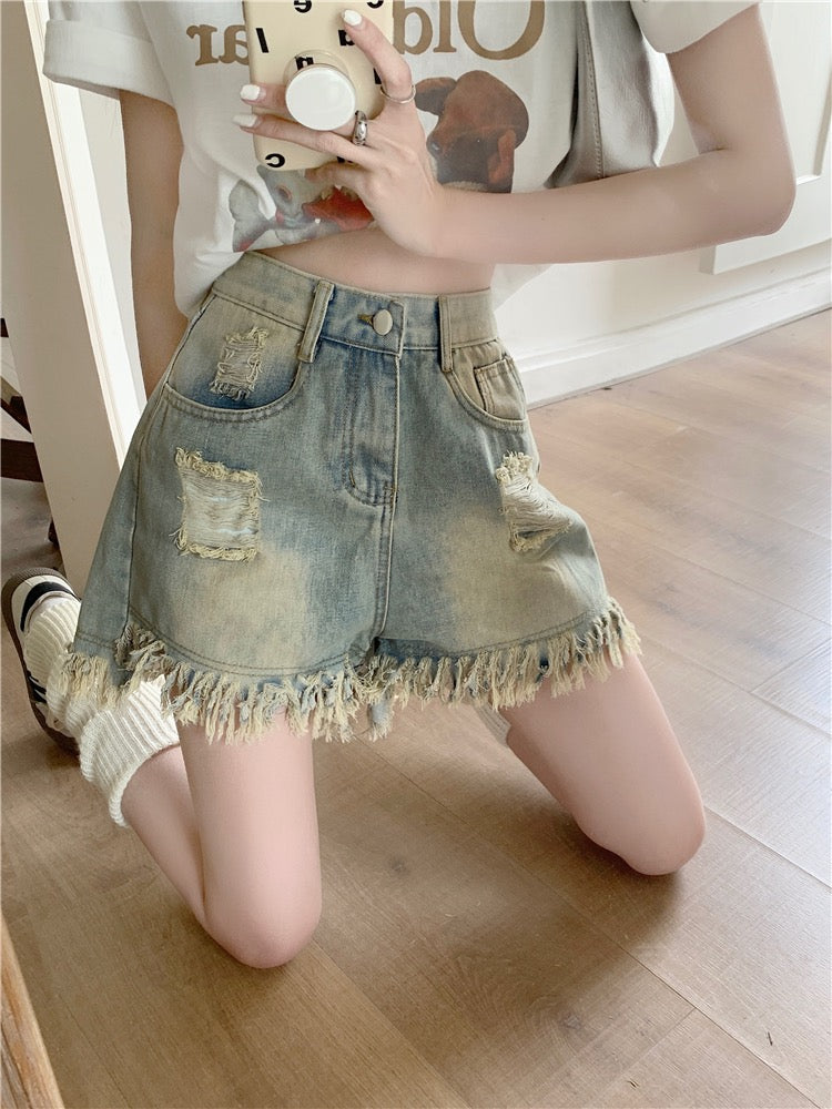 Kumikumi retro washed raw edge jeans short pants female summer hot Kumikumi retro washed raw edge jeans short pants female summer hot