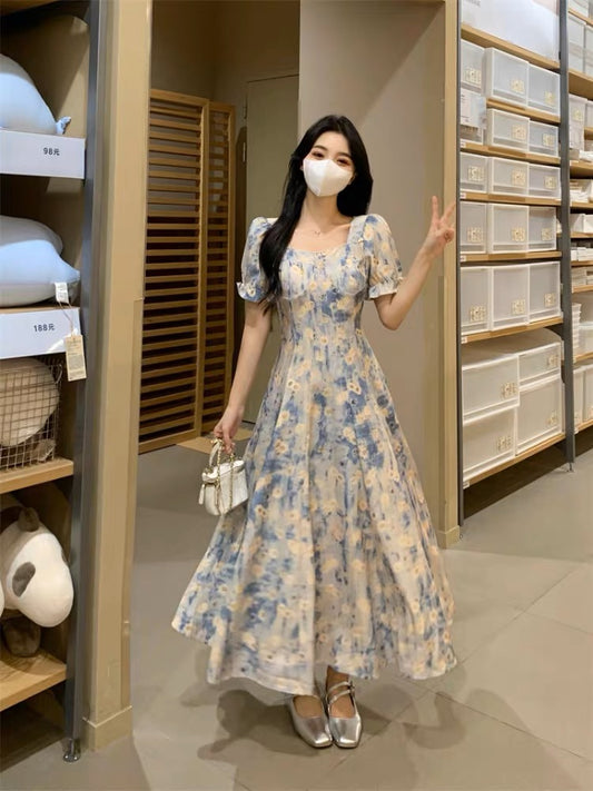 Oil painting skirt blue square collar dress women's summer large size fat mm waist slim floral skirt French temperament long skirt