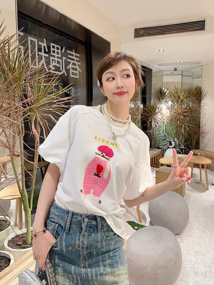 Thebestxue Korean version of white printed beading asymmetric bubble short-sleeved t-shirt women's 2023 new top summer