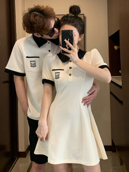 Couple outfit summer 2023 new net red college style French polo lapel dress Korean version slim short-sleeved trendy