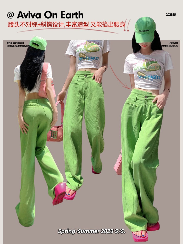 [Earth Shop] Avocado Green Asymmetric Slanted Front High Waist Slim Loose Straight Denim Trousers Women's Summer Versatile