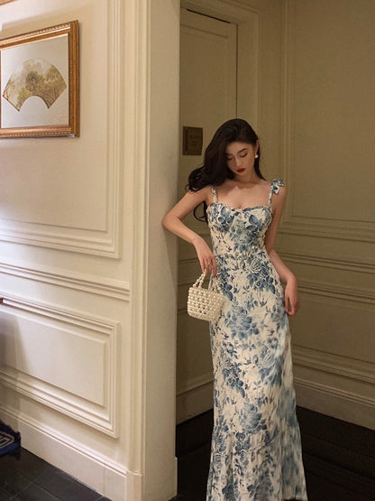 Gove 瑅 lace print sling dress women 2023 new pure desire sexy temperament waist bag hip long skirt