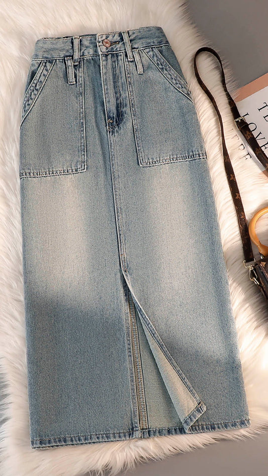 Slit denim skirt women's mid-length summer new high waist hip-covering pear-shaped all-match over-the-knee a-line bag hip skirt