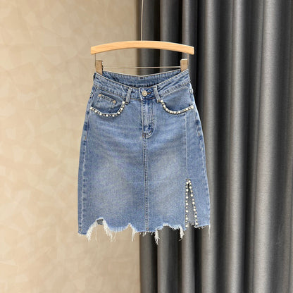 European station heavy industry beaded denim skirt women's summer new irregular rough edge retro high waist bag hip skirt
