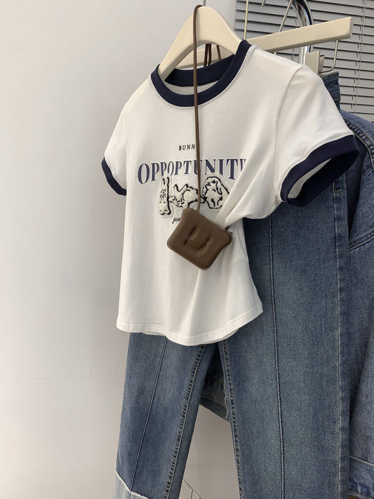 Rabbit embroidery front shoulder t-shirt women's summer summer design sense niche short-sleeved small American retro short top