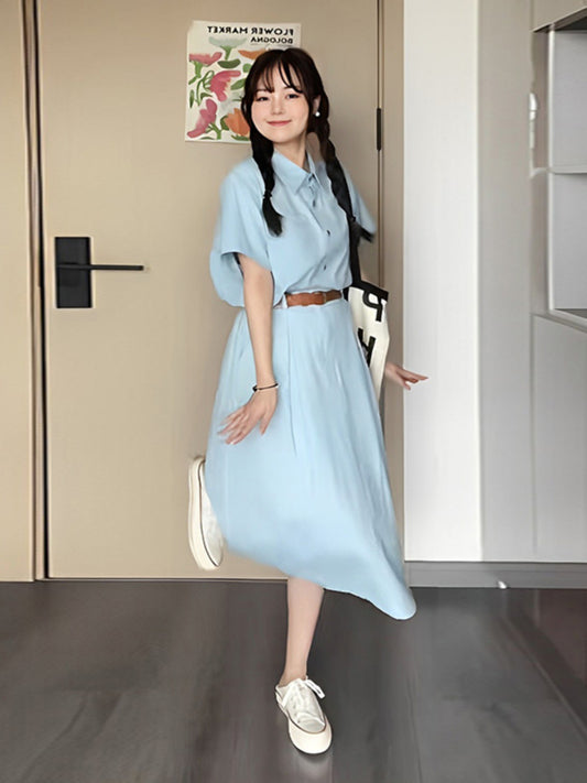 Baby blue dress 2023 new women's summer dopamine wear with small fragrance French shirt skirt suit