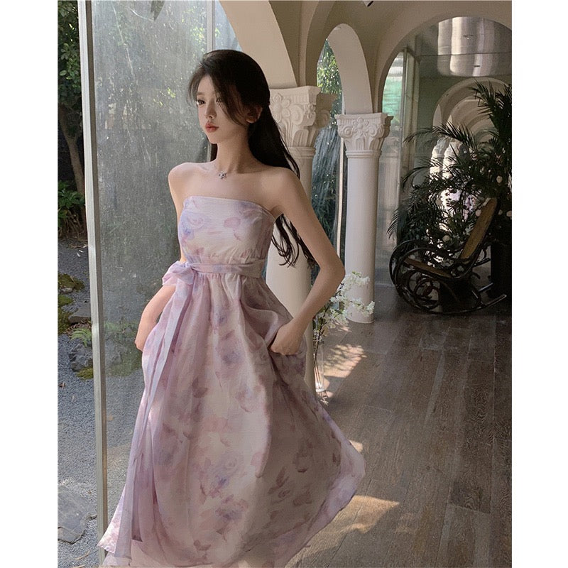 Printed tube top dress with open back and straps with one-shoulder waist and slim mid-length a-line skirt for women with summer temperament