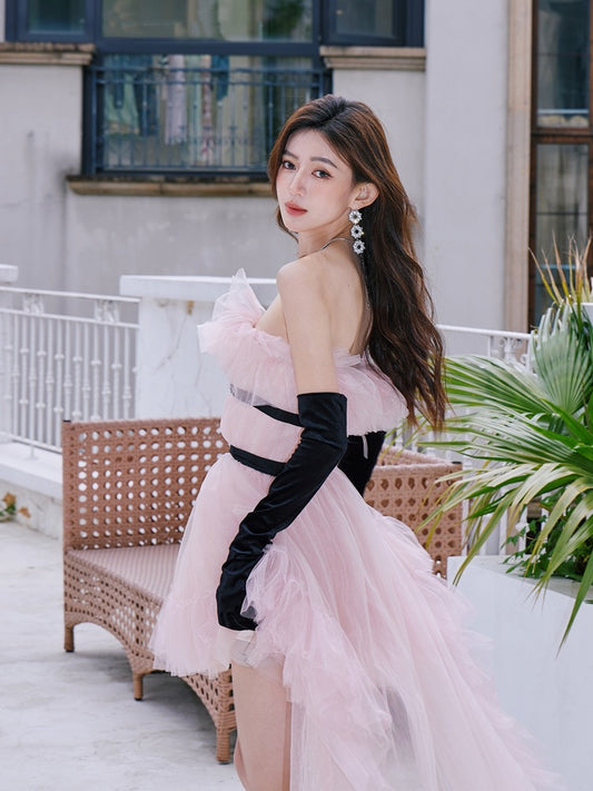 DOLLYTANG Duojia sweet and cool mesh tutu skirt design sense short front and long back long dress birthday skirt small dress