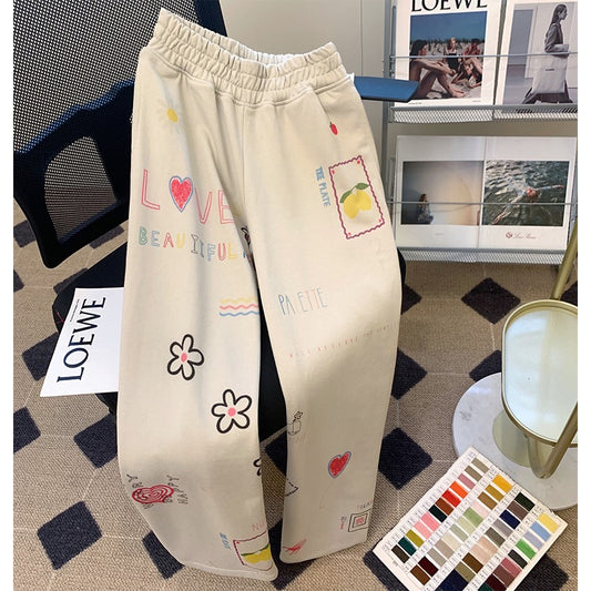 American Graffiti Sports Pants Women's Summer Thin Design High Waist Wide Leg Pants Small Loose Casual Straight Sweatpants