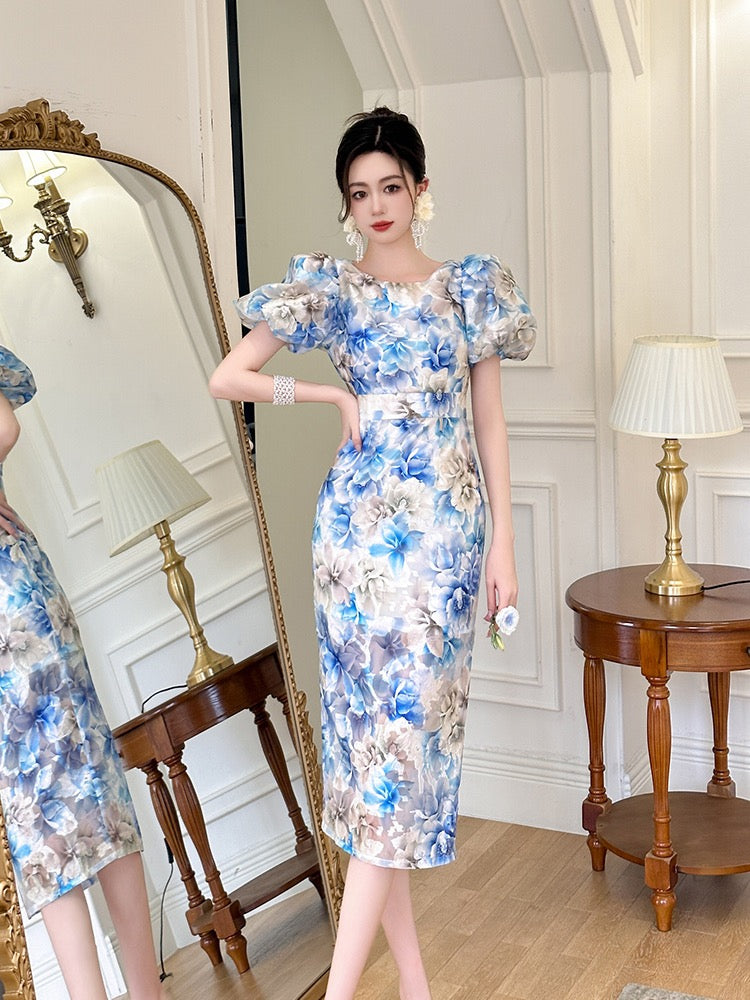 Retro Elegant Light Cooked Floral Floral Hip Dress Women's Wear Light Luxury Age Reduction Slim Puff Sleeve Temperament Straight Skirt