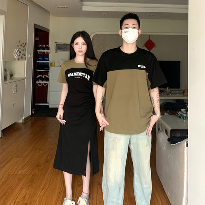 Couple wear summer clothes niche design sense new splicing short-sleeved T-shirt letter printing fake two-piece splicing dress