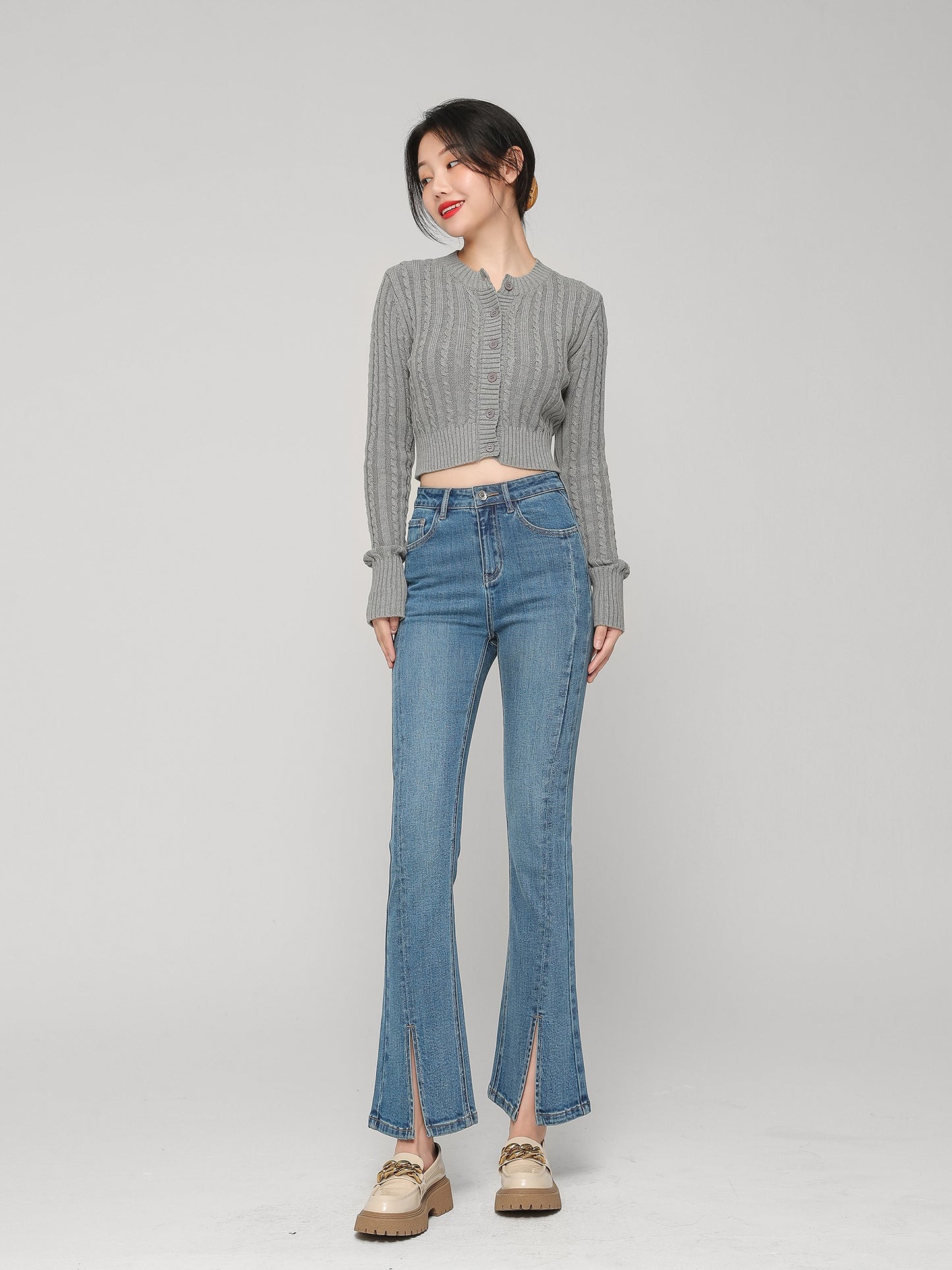 Wang Youshan slit jeans women's high waist nine-point flared pants spring and summer thin section eight-point small flared pants