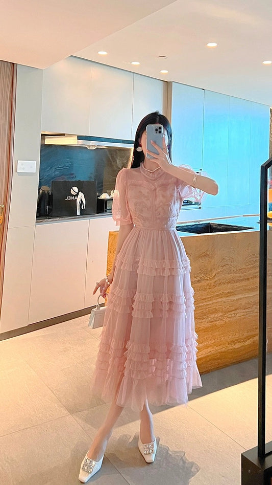 BETTER LS French celebrity temperament dress female high-end stitching lace super fairy pink fairy dress
