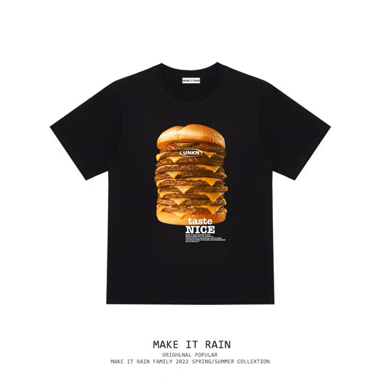 2022 new trendy funny print hamburger short-sleeved T-shirt ins original tide brand men's loose bottoming shirt