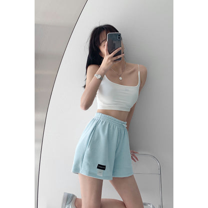 Street hot girl letter label sports shorts women's high waist drawstring slimming wide-leg hot pants loose casual three-point pants