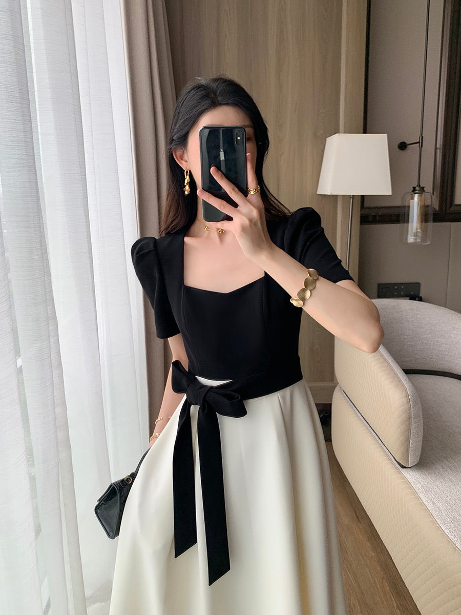 FT GUOGE square collar dress women's 2023 summer new high-end French slim temperament splicing fake two-piece long skirt