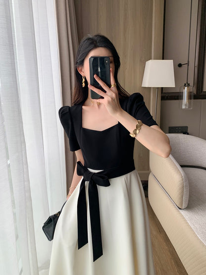 FT GUOGE square collar dress women's 2023 summer new high-end French slim temperament splicing fake two-piece long skirt