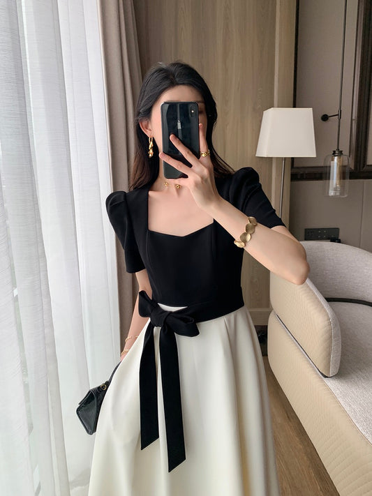 FT GUOGE square collar dress women's 2023 summer new high-end French slim temperament splicing fake two-piece long skirt