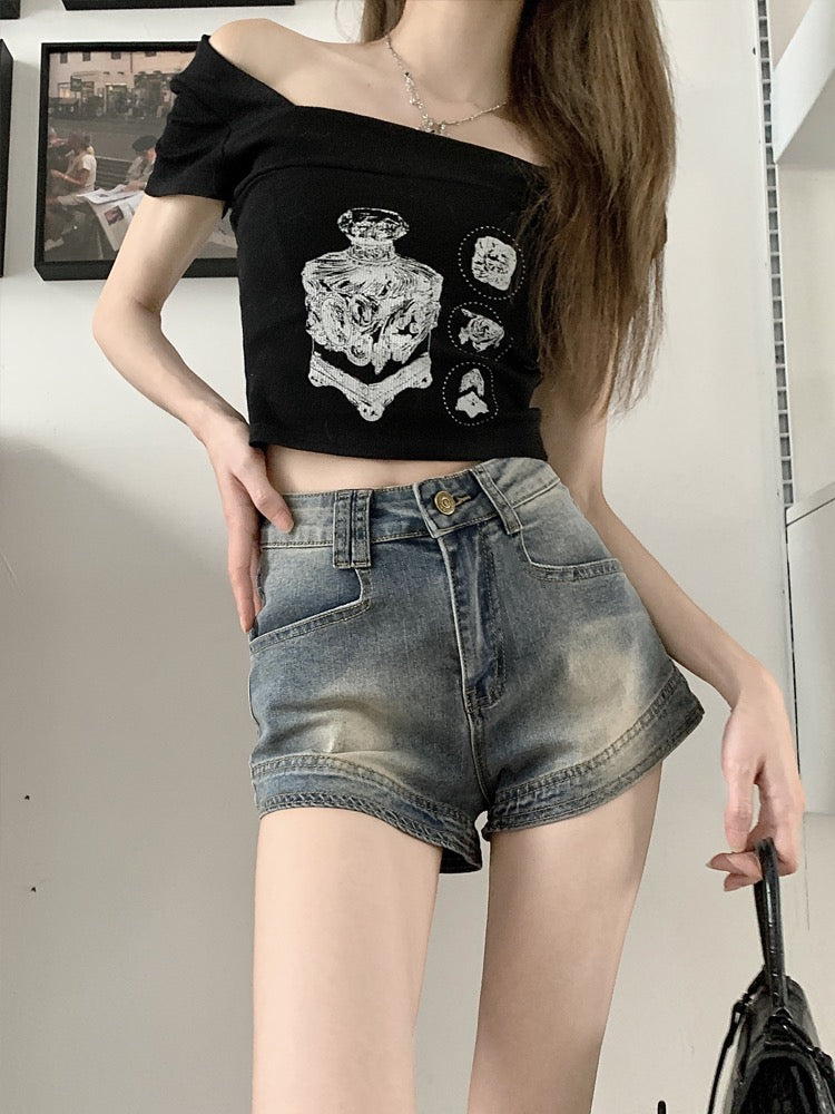 American retro hot girl pants blue washed old jeans women's summer high waist thin hot pants super shorts tide