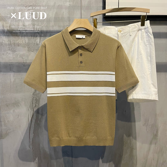 LUUD Korean Dongdaemun striped color matching short-sleeved Polo shirt thin section Japanese casual loose lapel top men