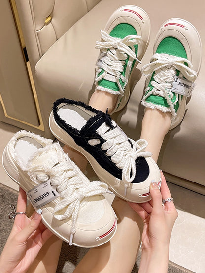 Baotou semi-slippers women's summer wear ins tide 2023 new opening smile canvas shoes thick-soled small white sandals and slippers