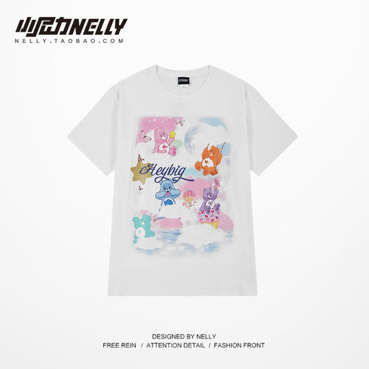 2023 rainbow bear print couple short-sleeved T-shirt oversize loose round neck T-shirt men and women with the same style national tide brand bf
