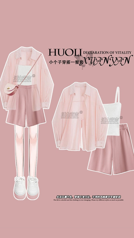 Dopamine wears a whole set of pink suits women's summer 2023 new college style wears a three-piece sunscreen shirt