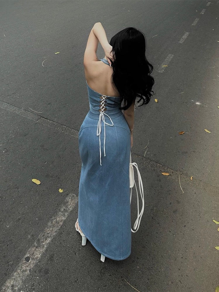 STRIVE/Yumiko Slightly Fat Girl Denim Backless Tube Top Summer Feminine Half Skirt Fried Street Two-piece Set
