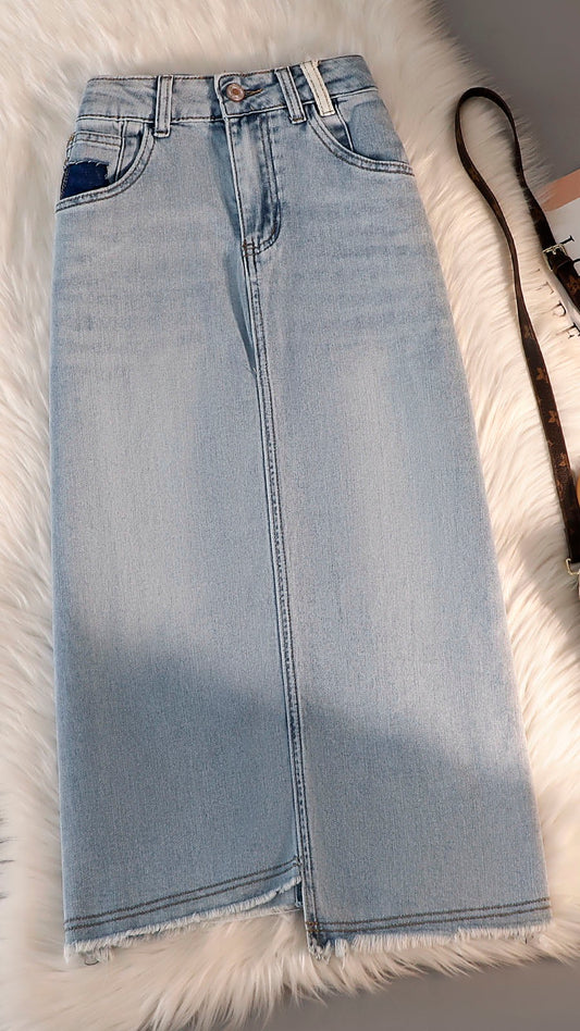 Light-colored slit denim wash water skirt women's summer new high waist all-match A-line mid-length bag hip skirt