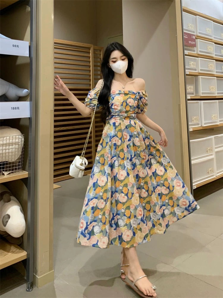 Large size fat MM seaside vacation tea break dress female summer gentle wind one-shoulder waist slimming a-line long skirt