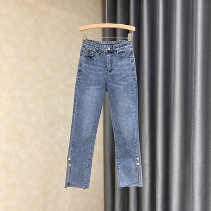 Irregular straight jeans women's summer 2022 new slimming slim high waist slit nine-point cigarette pants tide