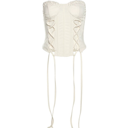 KLIOU American hot girl style retro milk apricot tube top vest women's irregular lace thin waist top summer