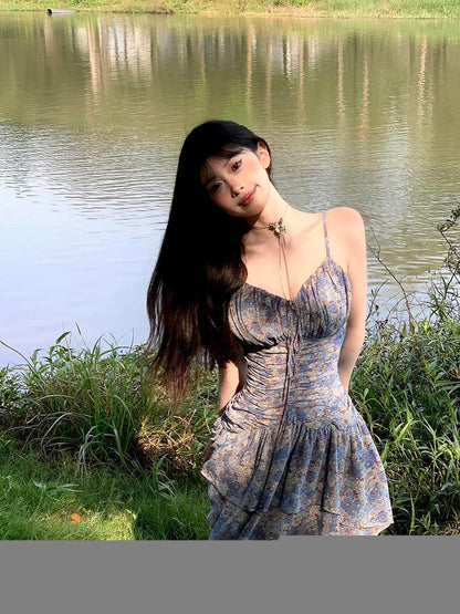 STRIVE/Yumiko Slightly Fat mm French Retro Floral Suspender Dress Female Spring Sexy Holiday Skirt