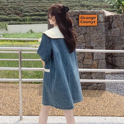 French retro denim doll collar dress female summer 2023 new can be salty and sweet small girl skirt