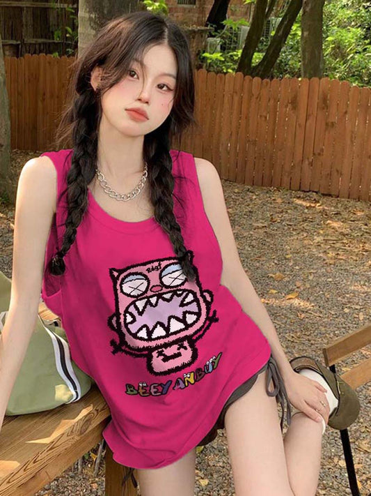 American dragon fruit sleeveless t-shirt top women 2023 summer Hong Kong style retro chic sports vest shoulder camisole