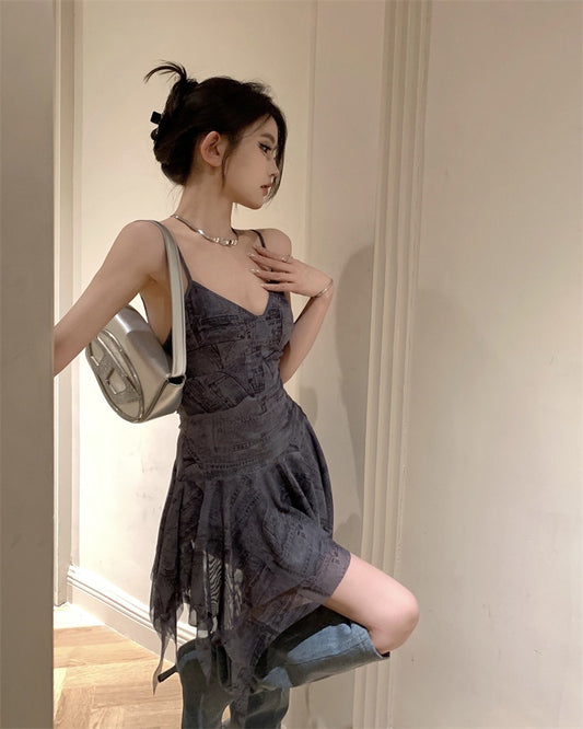 Blue denim mesh splicing sling dress women's summer irregular skirt v-neck waist waist small skirt