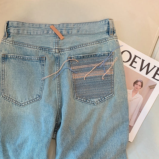 Light blue loose straight jeans women's 2023 spring and summer new Korean version of high waist thin and narrow casual wide leg pants