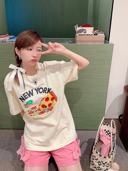 Thebestxue2023 summer new Korean version loose beige pizza pattern crochet short-sleeved t-shirt women's tide