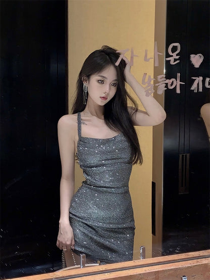 Spice Girl Sequins Backless Sling Dress Women Summer Strap Skirt Temperament Waist Chic Sexy Hip Skirt