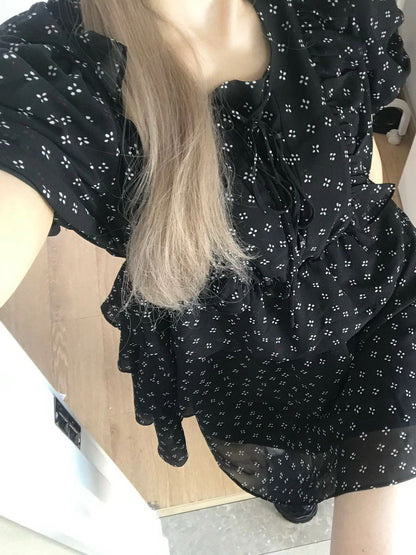 French Tea Break Girl Puff Sleeve Cake Dress Floral Dress Bandage Summer Slim Waist Slim Temperament First Love Dating