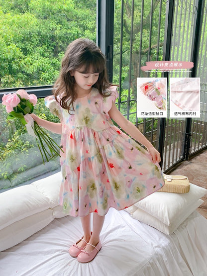 Girls summer dress 2023 new foreign style children's skirt summer little girl summer lotus leaf sleeve princess dress