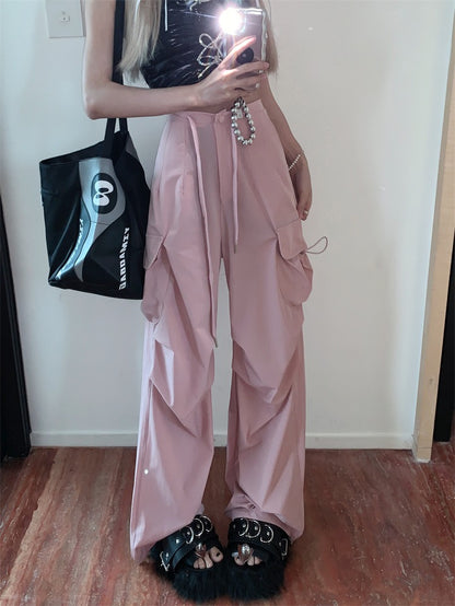 American retro functional wind tooling casual pants women's summer elastic waist drawstring high waist loose wide-leg pants trousers