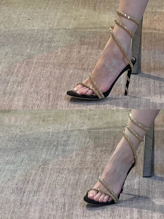 high recommended!  Open-toed snake-shaped winding stiletto gold sandals sexy ladies banquet high-heeled shoes for women