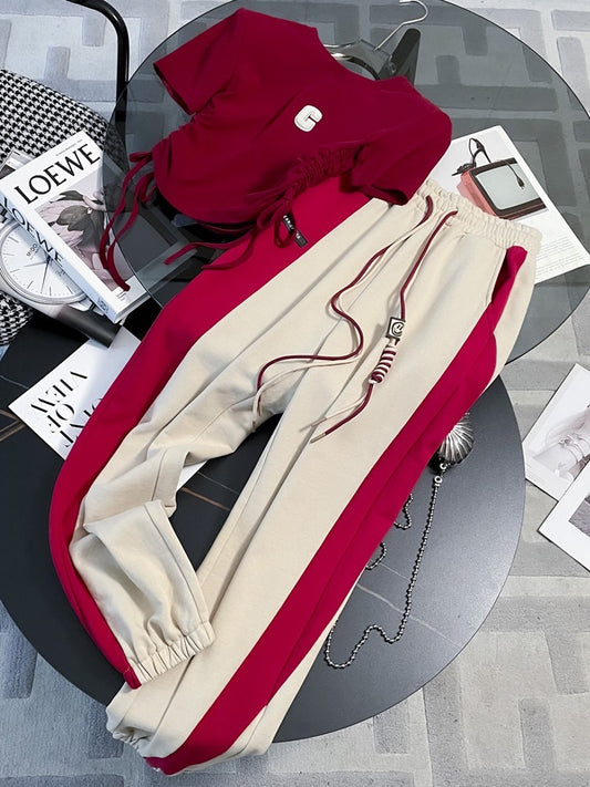 Summer slim fit and thin sports and leisure suit women's summer 2023 new Korean version red short-sleeved net red two-piece trendy