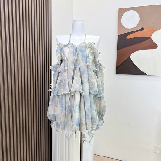 Duo Lai Mei Ruffled Stitching Flowers Smudged Off-Shoulder Covering Meat Halter Neck Dress Female Summer