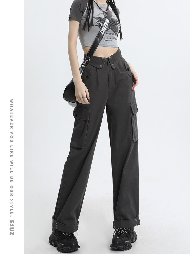 American retro overalls women's summer hot girl design sense multi-pocket high waist loose casual wide-leg straight-leg pants