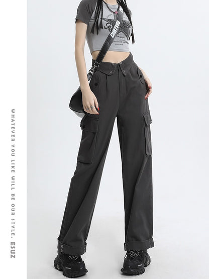 American retro overalls women's summer hot girl design sense multi-pocket high waist loose casual wide-leg straight-leg pants