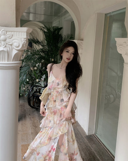 Pure desire wind floral chiffon suspender dress women's summer French skirt waist slit high-end temperament long skirt