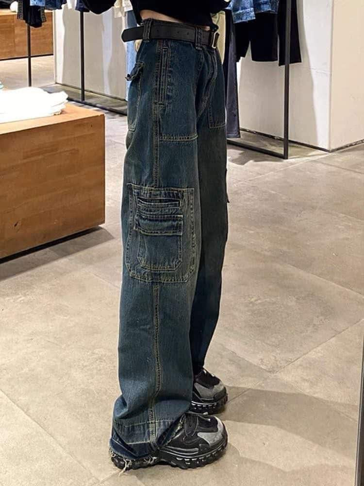 Large size fat mm American retro high waist jeans women's spring and autumn loose slim straight high street wide leg work pants